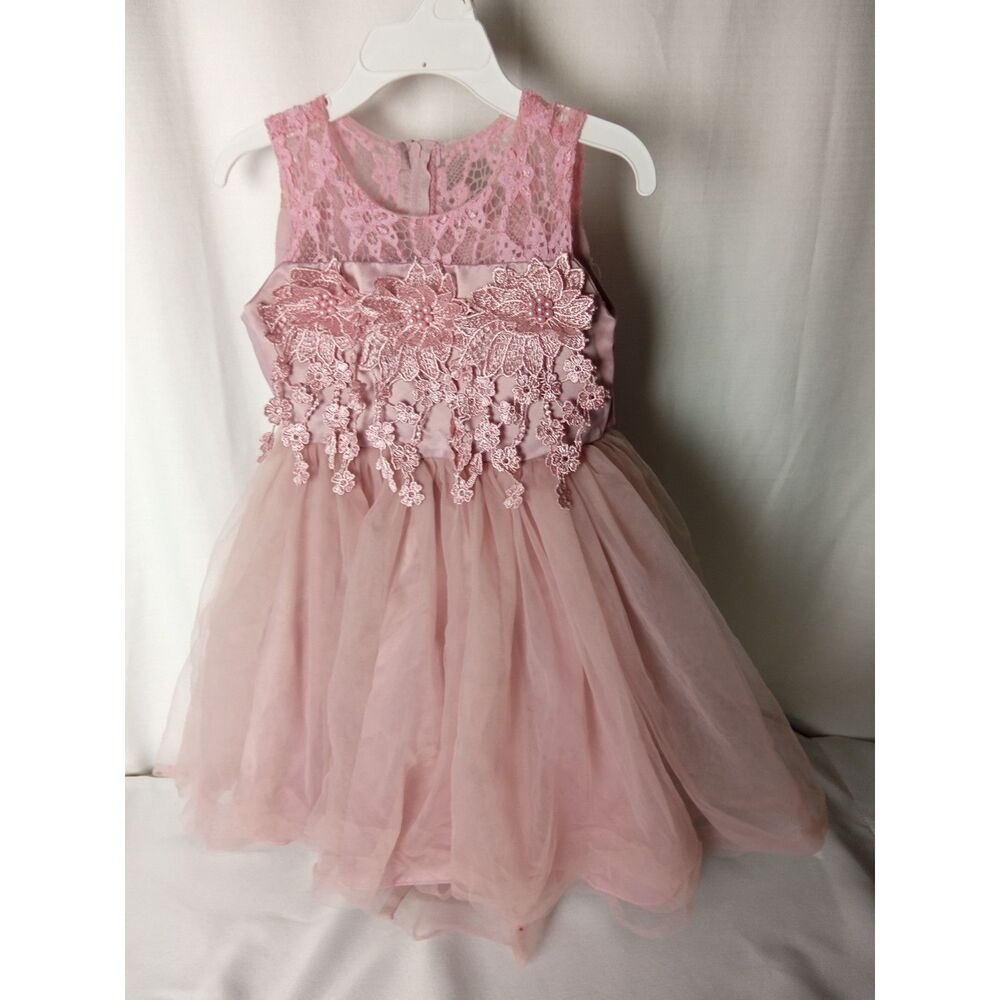 Girls Dusty Pink Lace Tulle Flower Pearl Special Occasion Formal Dress Size 4T